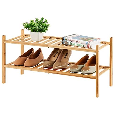 viewcare 2-Tier Bamboo Shoe Rack for Entryway, Bamboo Wood Shoe Organizer for Hallway Closet, Free Standing Shoe Racks for Indoor Outdoor Cover