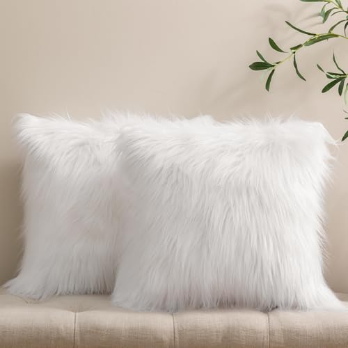 Phantoscope Pack of 2 Faux Fur Solid Throw Decorative Pillow Cover Cushion Covers Luxury Soft Decorative Pillowcase Fuzzy Pillow Covers for Bed/Couch, White 18 x 18 Inches