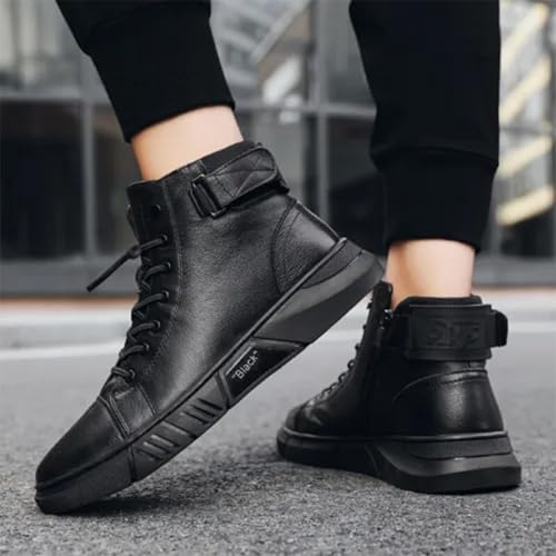 Mens Casual Faux Leather Round Toe Ankle Boots High Top Lace Up Shoes, Side Zipper Chukka Boots Non-Slip Softsole4