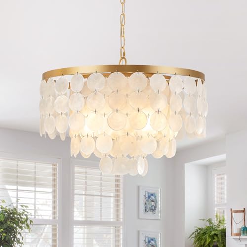 HLMRCHEN Shell Chandelier, White and Gold Chandelier Light Fixture with 4 Lights Capiz Seashell Pendant for Foyer,Kitchen Island,Entryway,Dining Room (18" Coastal Chandeliers) - Image 9