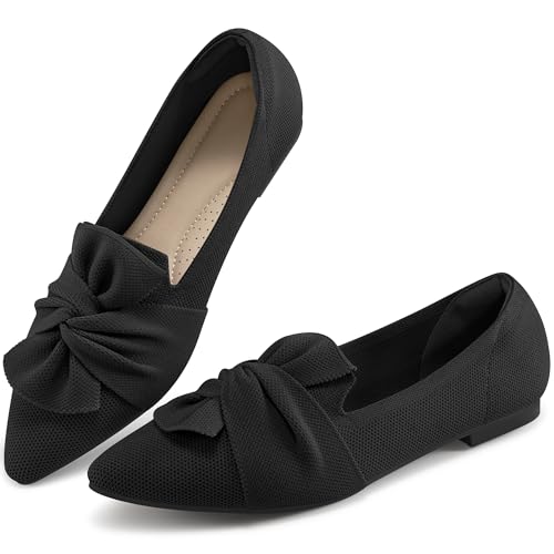 HARENCE Ballet Flats Shoes for Women: Dressy Pointed Toe Knit Flats with Bow Comfortable Walking Shoes for Wedding Working (Black, Adult, Women, 10, Numeric, US Footwear Size System, Medium)