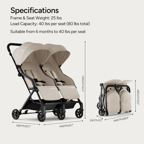 Image of Mompush Lithe Double Stroller, Lightweight Side by Side, Infant & Toddler