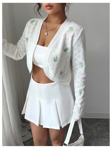 MakeMeChic Women's Cropped Lightweight Cardigan Fall Floral Embroidery Long Sleeve Hollow Knit Outerwear3