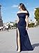 LAGSHIAN Women's Elegant Bodycon Off Shoulder Sleeveless High Split Ruched Long Formal Evening Dress Navy
