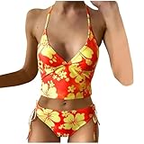 BONIXOOM Tropical Floral Print Bikini Set for Women Halter Neck Adjustable Straps Tied Bottom for Beach Vacation Swimwear
