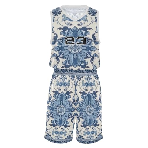 FLildon Bohemian Floral Blue Boys Basketball Jersey Set Tank Top Shorts Tracksuit Sport Training Suit for Kids, M