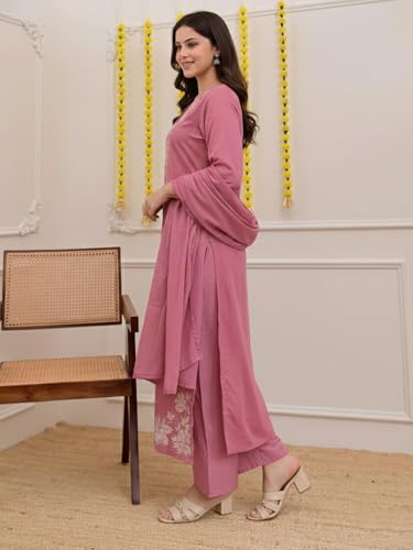 Image of ANNI Designer Pure Cotton Embroidered Kurta Set for Women | Rust Orange Kurta with Pants & Dupatta | Floral Neck & Hem Embroidery | Cotton Kurta Set for Women | 10 Colour Options Available