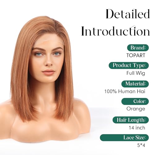 Image of Orange Wig Human Hair Pre Plucked Straight Short Bob Wigs 5x6 UHD Lace Front Wigs Remy Real Human Hair for Women 14Inch