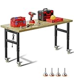 60' Adjustable Work Bench,Hardwood Top Garage Work Bench Table,Heavy Duty 2000 LBS Load Worktable,Rolling Mobile Workbench with Power Strip for Workshop Office Home