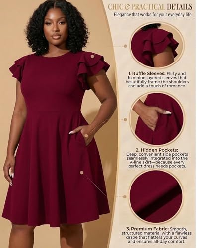 Image of IyMoo Women's Plus Size Cape Flutter Sleeve Stretchy A Line Swing Flared Skater Cocktail Party Dress with Pockets