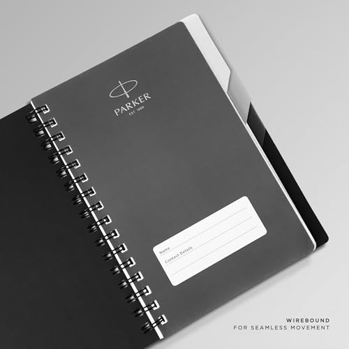 Image of Parker Wiro Premium Silver Notebook - A5, with Black & Grey Tabs, 240 Pages, 80 GSM, 4 Subject | Wirebound Design with Water-Resistant Cover & Glossy Sleeve
