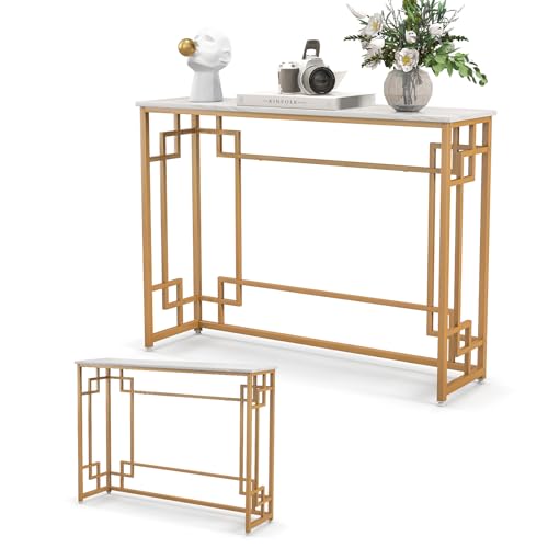 LIFEZEAL Tavolo Console Moderno, Tavolo Consolle, Effetto di Marmo, Tavolo d’Ingresso, Telaio in Metallo, Piedini Regolabili, Salvaspazio, per Corridoio, Soggiorno, Entrata, Max 30kg, 110x30x81cm, Oro