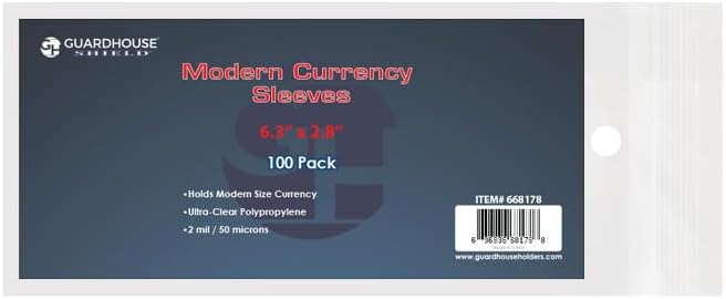 Guardhouse Ultra Clear Archival Quality Modern Size Currency Sleeves - Pack of 100