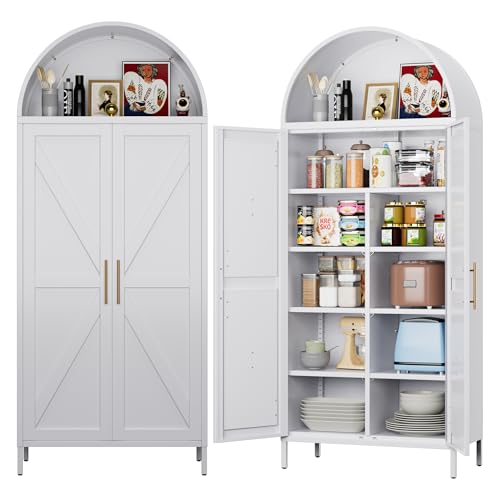 JAORD Metal Arched Kitchen Pantry Cabinet with 6 Adjustable Shelves, Farmhouse Arched Cabinet with 2 Doors for Kitchen,Bedroom,Living Room,White, Assemble Required,15.4' D x 30.7' W x 72.8' H