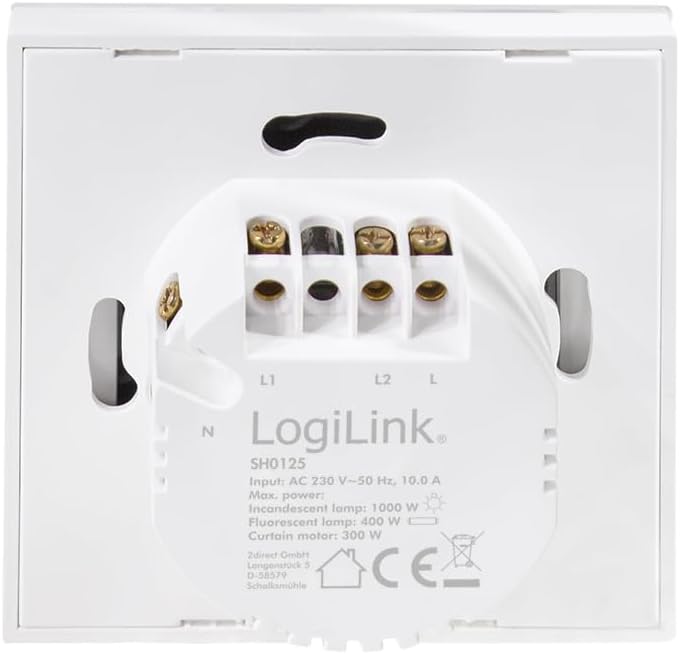 ກັບຄືນໄປບ່ອນ view of LogiLink SH0125 Smart Home Wi-Fi Wall Switch showing wiring terminals