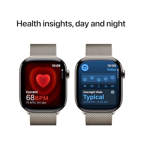 Image of Apple Watch Series 10 [GPS + Cellular 46 mm] Smartwatch with Natural Titanium Case with Natural Milanese Loop - M /L. Fitness Tracker, ECG App, Always-On Retina Display, Carbon Neutral