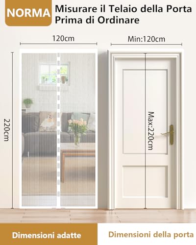 HW CASA Zanzariera Magnetica 120x220 con 34 Potenti Magneti e 2 Blocchi di Peso,Zanzariera Porta Si Chiude da Sola,Tenda Zanzariera per Impedire Ingresso di Mosche e Zanzare,Facile da Installare - 2