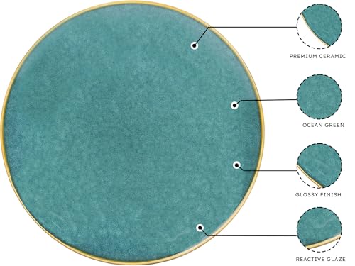 Image of Bodhi House Handcrafted Stoneware Reactive Glaze Ceramic Dinner Set, 12 Pieces Serving for 6, Microwave and Dishwasher Safe, Bone-ash Free, Crockery Set for Dining and Gifting, Ocean Green