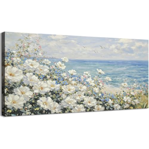 weiyiart Coastal Flower Canvas Wall Art Floral Beach Wall Art with Seagull Scenery Sea Ocean Nature Landscape Painting Modern Wall Art for Living Room Bathroom Office Bedroom Home Decoratio 24" x 48"