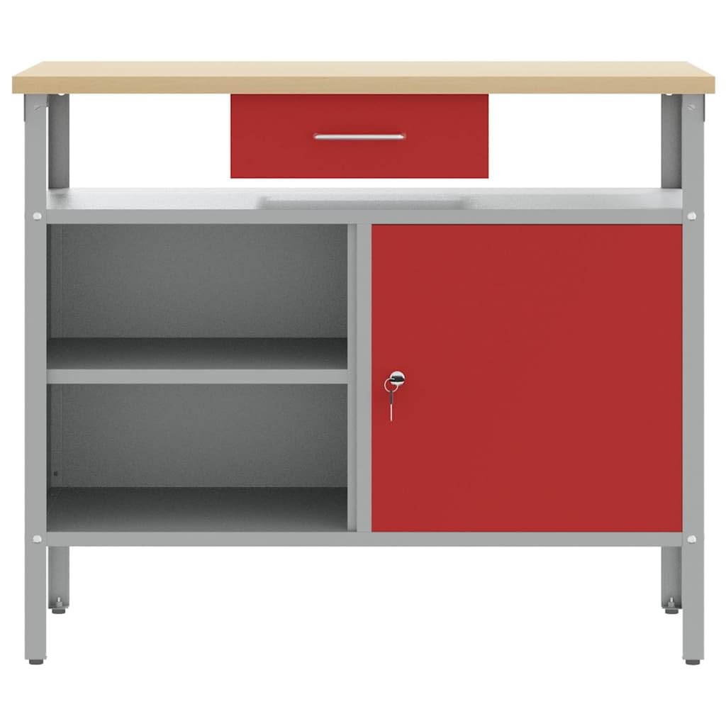 vidaXL Banco de Trabajo con cajón Rojo y Gris 100 x 55 x 85 cm, Mesa de Trabajo, Banco Industrial, Almacenamiento Duradero, Espacio para Reparar y ensamblar