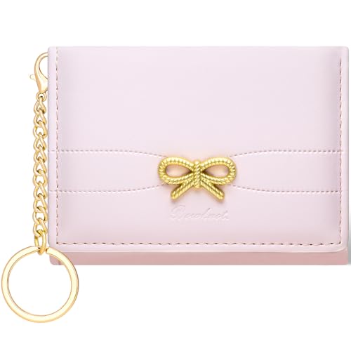 BIAOTIE Coquette Bow Wallet for Women, Small Slim Trifold Womens Wallet with Key chain Cute Aesthetic Card Holder ID Window for Girl (Pink)