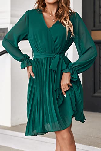 Maroway Women Wrap V Neck Long Sleeve Pleated Cocktail Party Dress Green Small #TOP3