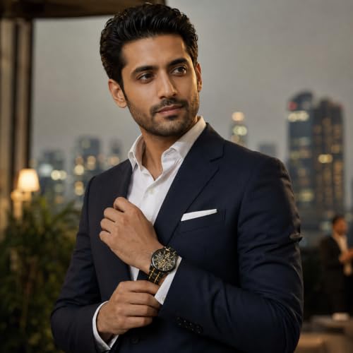 Image of Watch for men,Men's skeletonized quartz watch with black and gold two-tone stainless steel case, analog display, date display, water-resistant, luminous display, men's waterproof quartz watch. (Black dial, black strap)