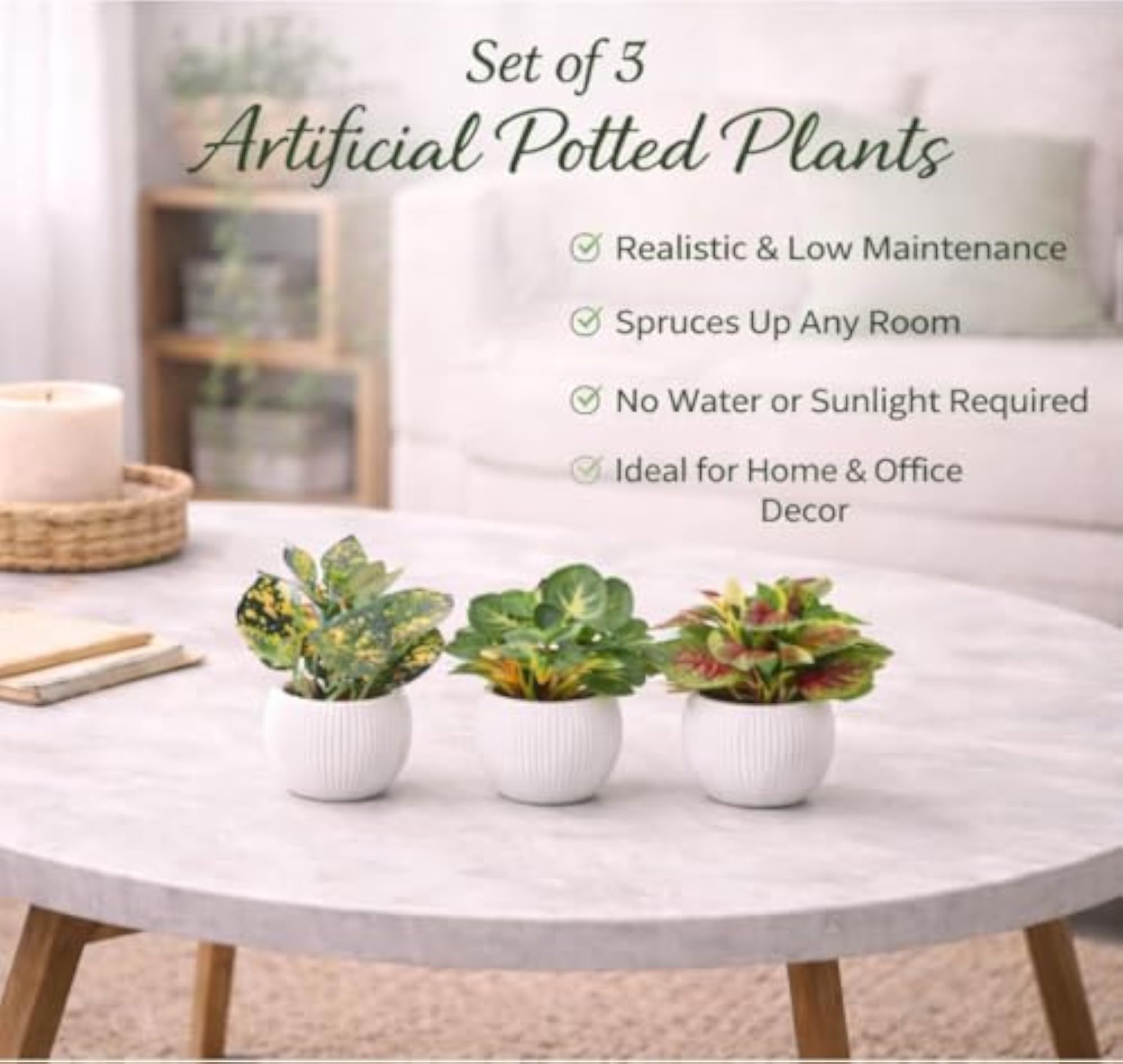 Artificial Potted Plants with Textured White Pots, Set of 3