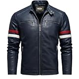 HASZAI Men’s Stylish Navy Blue Leather Motorcycle Jacket – Red & White Stripe Sleeves, Slim Fit Biker Style (US, Alpha, Large, Regular, Regular, Navy Blue Leather jacket)