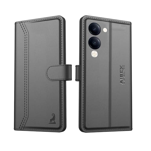 Image of AIBEX Compatible for Vivo T4 Lite 5G / iQOO Z10 Lite 5G / Vivo Y19 5G / Vivo Y19e Flip Cover Leather Finish | Inside TPU with Card Pockets | Wallet Stand | Complete Protection Flip Case -Black