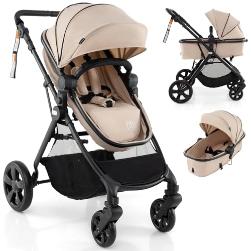 BABY JOY High Landscape Baby Stroller, 3 in 1 Convertible Baby Pram Jogger with Adjustable Canopy & Backrest, Anti-Shock Toddler Folding Pushchair with Storage Basket & Aluminium Frame, Portable Baby Prams and Strollers for 6-36 Months (Beige)