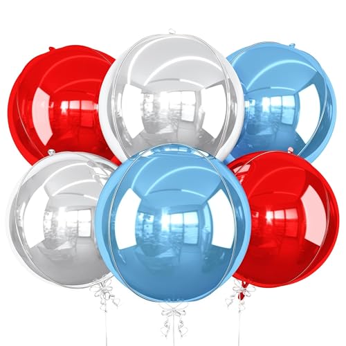 Image of Red Blue Silver Round Foil Balloons Birthday Prom Decor 22 Inch 6 Pcs | Metallic 4D Helium Ball Balloons for Graduation 4th of July, Independence Day USA Patriotic Party Decoration