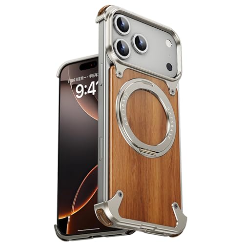 IPhone 17 Pro / 17 Pro Max 用 木目調 メタルフュージョンケース, スリムなフレームレス アルミバンパー, 360°隠しスタンド付き, 耐衝撃コーナー, MagSafe対応 放熱設計(Titanium Gray,17 Pro Ma