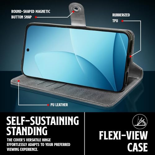Image of WOW IMAGINE Shock Proof Flip Cover Back Case for Oppo F33 Pro 5G (Magnetic Button Flip Case | Wallet Pockets & Stand | Leather Finish | Stone Grey)