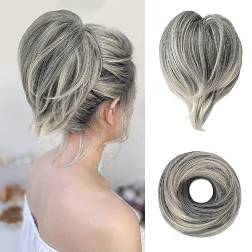 BARSDAR Moños Postizos, Liso Corta Cola de Caballo Moños Postizos Pelo para Mujeres Sintético Elástico Moño de Pelo Postizo - Gris Oscuro con Blanco Tips