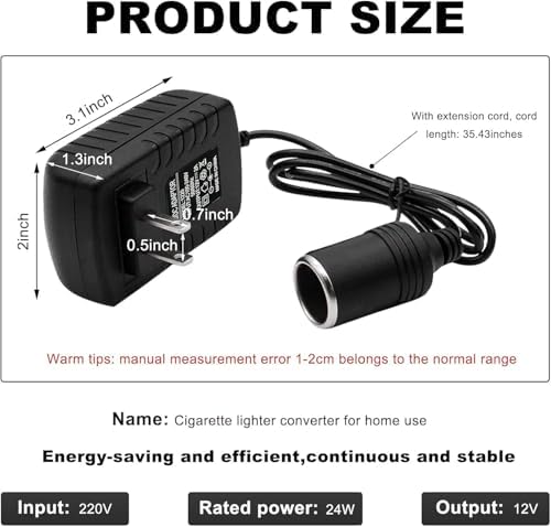 XIBETEO AC to DC Converter Car Cigarette Lighter Socket Adapter,110-240V to 12V 2A Power Adapter for MP3/MP4, Dash Cam, Fan, Air Purifier Low Power Car Devices12V 2A 24W - 1