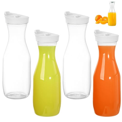Brocche per Succhi, Caraffe per Acqua con Coperchio in Plastica da 1L, Limonata Caraffa per Acqua, Trasparente Succo Bottiglie, Brocche con Coperchio Ribaltabile, per Festa, Picnic