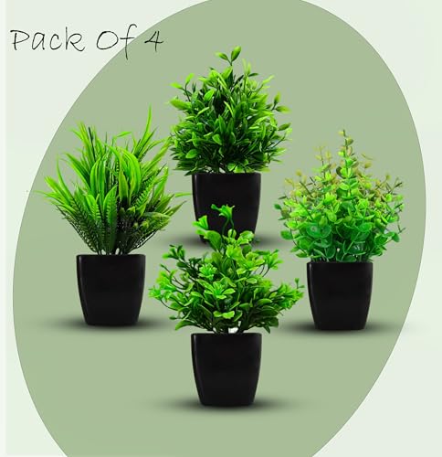 Image of Small Potted Faux Plant, Fake Green Grass Black Pot Pack of 4, Artificial Plants with Pot, Indoor Plant, Mini Fake Plants for Living Room Decoration, Balcony Decoration