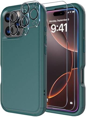 Image of Diverbox for iPhone 16 Pro Max Case [Shockproof] [Dropproof] [Tempered Glass Screen Protector + Camera Protectors] Heavy Duty Protection Phone Case Cover for Apple iPhone 16 Pro Max (Dark Green)