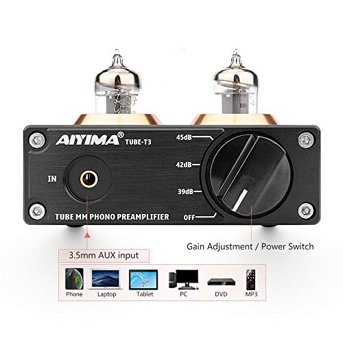 AIYIMA Tube T3 HiFi Tube Phono Preamp for Turntable MM Phonograph Stereo Audio Tube Preamplifier with with Gain Adjust & DC 12V Power Adapter for Record Player System