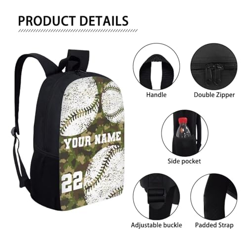 Xoenoiee CUSTOM Kids Backpack Set for Boys Girls School Bookbag Lunch Bag Pencil Bag 3 in 1 Set CUSTOMIZE Your Name and Number with Green Camo Baseball Pattern3