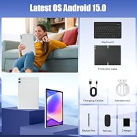Laptok Tablet, Android Tablet 11 Zoll mit 24GB RAM + 128GB ROM (1TB TF), Octa-Core, Widevine L1, WiFi 6 & BT 5.3, 6800mAh Akku, Dual Kamera – Tablet mit Tastatur, Maus, Stift & Hülle, Weiß – Ansicht 6