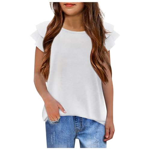 T-shirty dla dziewcząt, falowane rękawy, okrągły dekolt, krótkie rękawy, modny, jednokolorowy, t-shirt dla dziewcząt, biały, 3-4 lat
