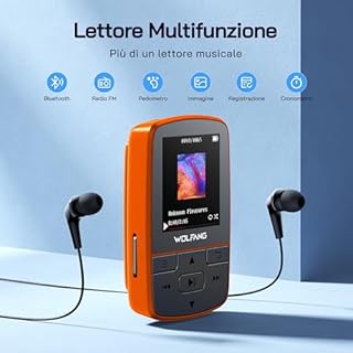 WOLFANG Lettore MP3 da 64 GB con Bluetooth 5.2, clip sportiva, formato mini, peso 28,3 g, radio FM HiF, registratore vocale, auricolari inclusi, arancione