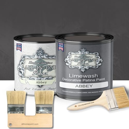 Heirloom Traditions ALL-IN-ONE Limewash Paint, 2 Quart Paint Bundle and Tool Kit - Faux Lime Wash Effect, Matte Suede Wall Treatment - Abbey (warm gray)