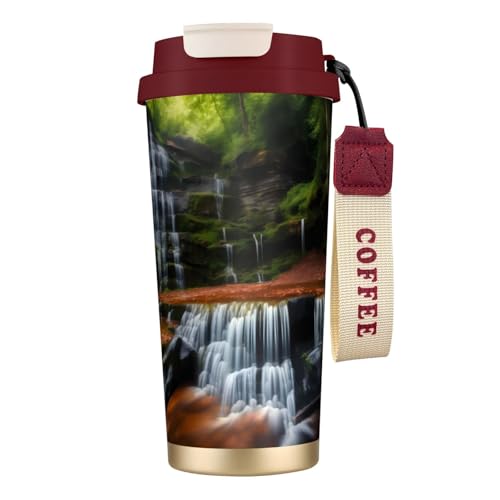 QHZLY Tazza da caffè in acciaio inox 316 con vista a cascata, rossa, grande, isolata, da viaggio, per ufficio, casa, auto