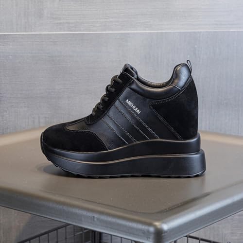 Image of Platform Sneakers for Women High Hidden Heel Wedge Sneakers Fashion Leather Chunky Lace up Wedge Tennis Shoes Increasing 3.94 inch