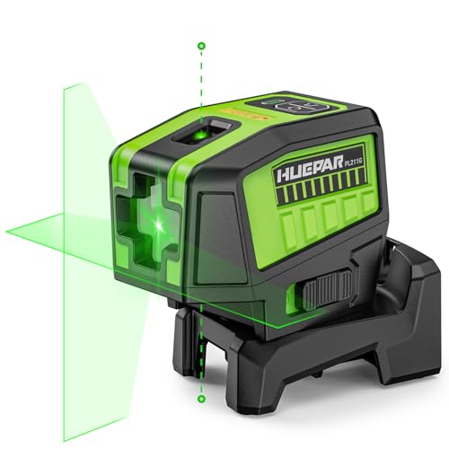 Huepar PL211G Laser Level with 2 Plumb Dots - 2 Plumb Points and 2 Cross Line Alignment Laser Level Tool Plus Mode, Includes 2 AA Batteries, 360° Multipurpose Mount, & Hard Carrying Case