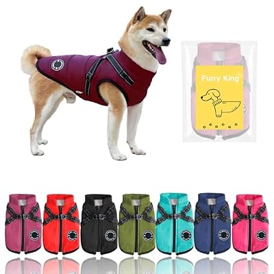 Furry King Dog Winter Coat with Harness, 7 Colors, Waterproof, Fleece Lined. (Purple, Medium)