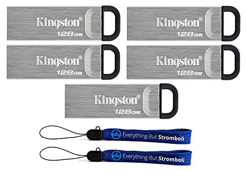 Kingston Kyson Flash Drives 128GB DataTraveler (Bulk 5 Pack) Metal USB 3.2 Type-A Drive 200MB/s High Speed PenDrive for Computer or Laptop (DTKN/128GB) Bundle with 2 Everything But Stromboli Lanyards